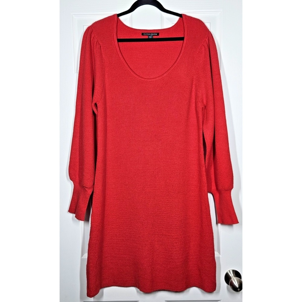 Boston Proper NWT Boat Neck Ballon Sleeve Sweater Dress L Red Holiday Party